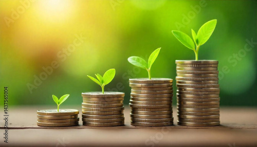 A vibrant illustration depicting growing plants sprouting from stacks of coins, symbolizing financial growth and investment.