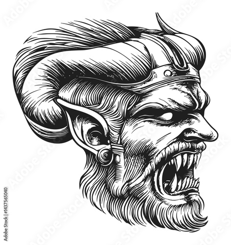 Fierce Horned Demon Illustration in Engraving Style with Details