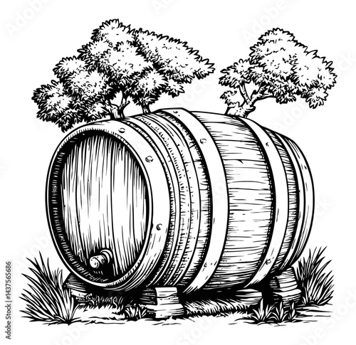 Vintage Engraving of a Wooden Barrel Surrounded by Trees and Grass