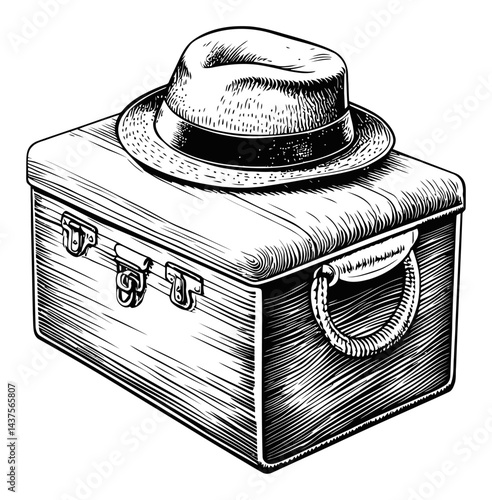 Vintage Hat Box with Classic Fedora Engraving and Illustration Design