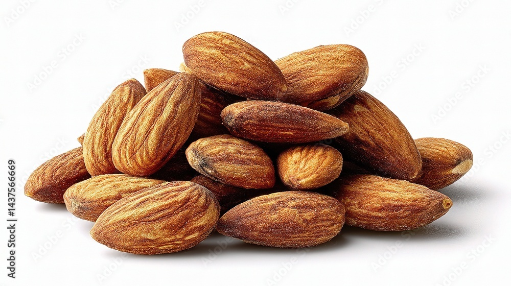 Small Pile of Dry Almonds Scattered Naturally on White Background Small Pile of Dry Almonds Scattered Naturally on White Background