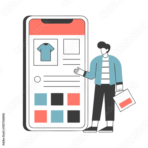 Man shopping online using a smartphone app. Online shopping concept. Minimalist illustration.
