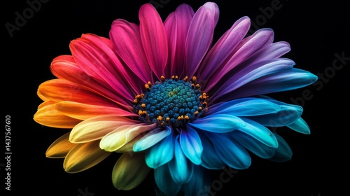 Rainbow Colored Flower on Black Background