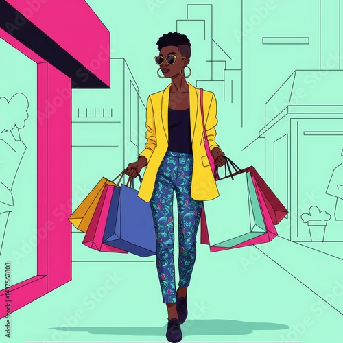 Stylish woman shopping bags city street vibrant fashion trendy style