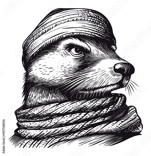 Detailed Engraving of a Stylish Animal with Bandages and Scarf