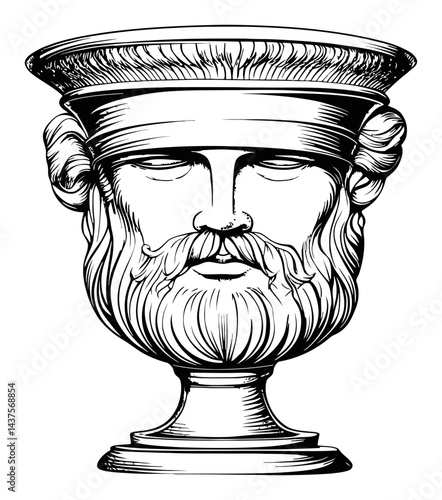 Detailed Engraving of Classic Statue Head with Beard and Expression