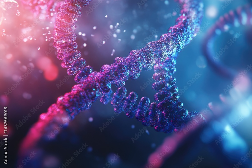 Microscopic view of a DNA double helix, glowing with vibrant pink and blue hues, illustrating genetic code. Microscopic view of a DNA double helix, glowing with vibrant pink and blue hues, illustrating genetic code.