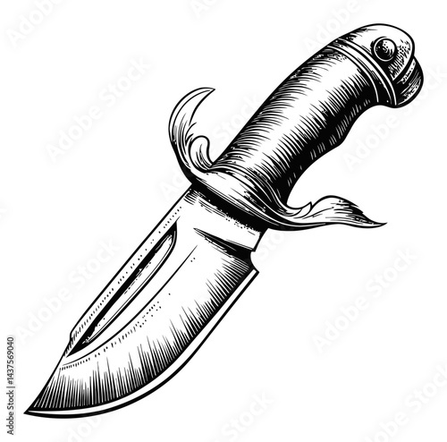 Detailed Engraving of a Classic Hunting Knife with Decorative Handle