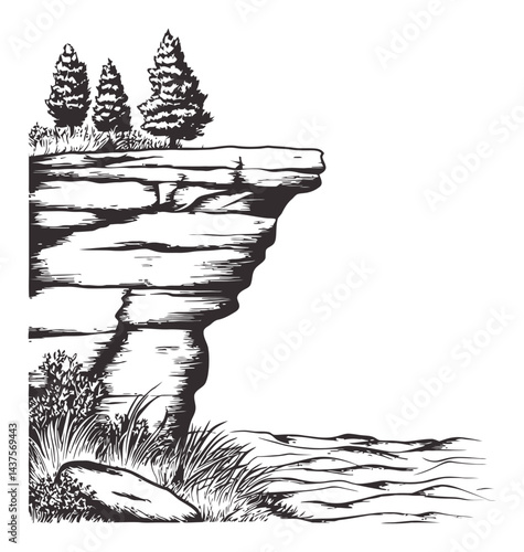Hand-Drawn Engraving of Rocky Cliff with Trees and Landform Details