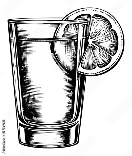 Engraved Illustration of Glass with Lemon Slice on White Background