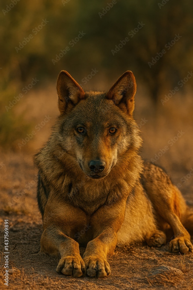 Iberian wolf resting on dry ground with golden sunset light. AI-generated