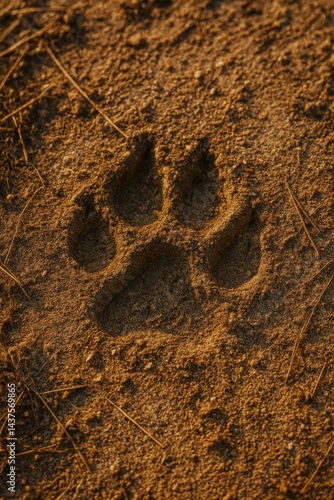 Close-up of Iberian wolf paw print on dry sandy soil, warm light. AI-generated