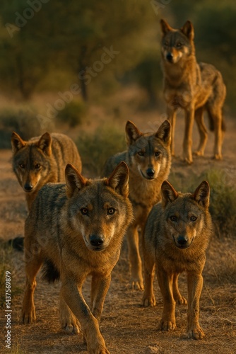 Pack of Iberian wolves moving through dry forest landscape at sunset. AI-generated......