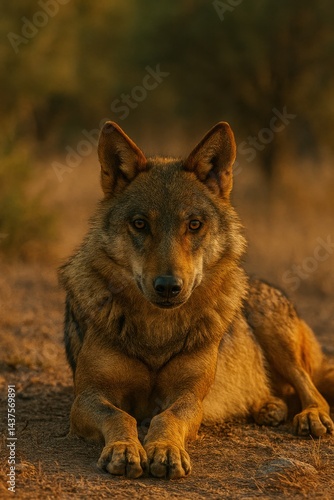 Obraz na płótnie Iberian wolf resting on dry ground with golden sunset light. AI-generated w salonie