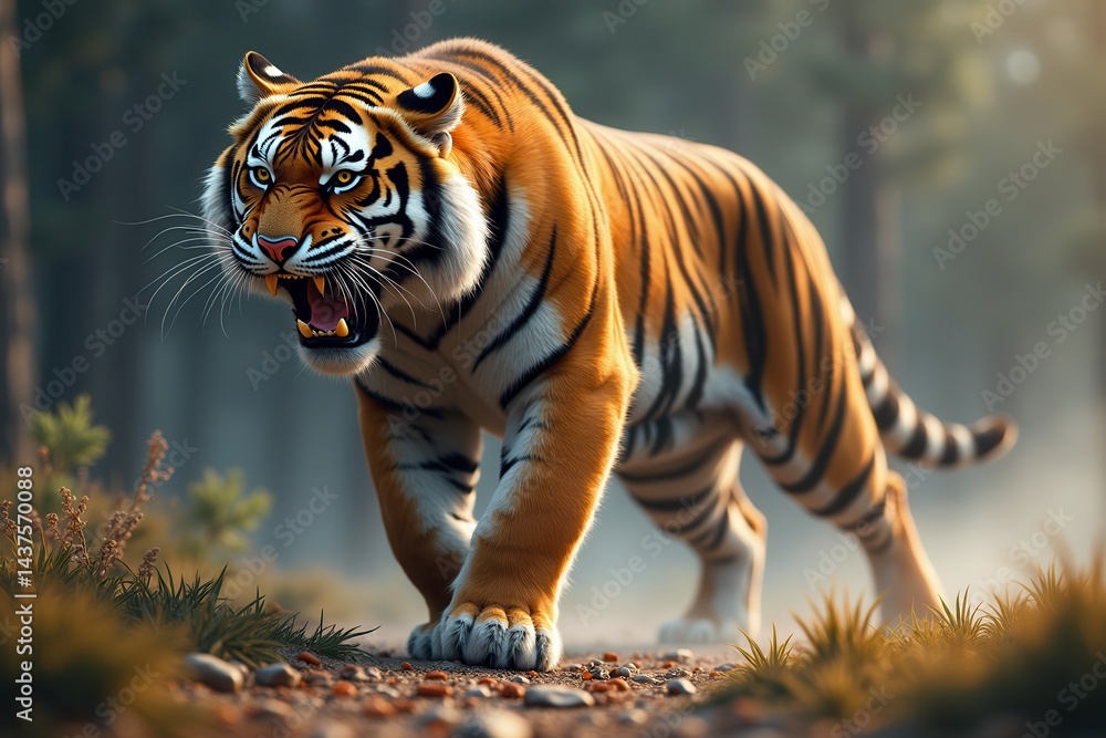 Obraz premium Roaring tiger in setting capturing wilderness essence