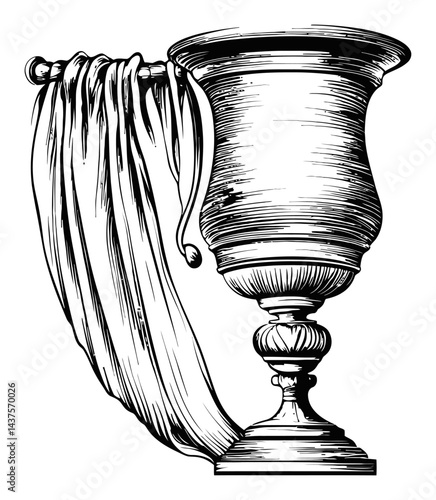 Detailed Vintage Engraving of a Decorative Trophy Cup with Drapery