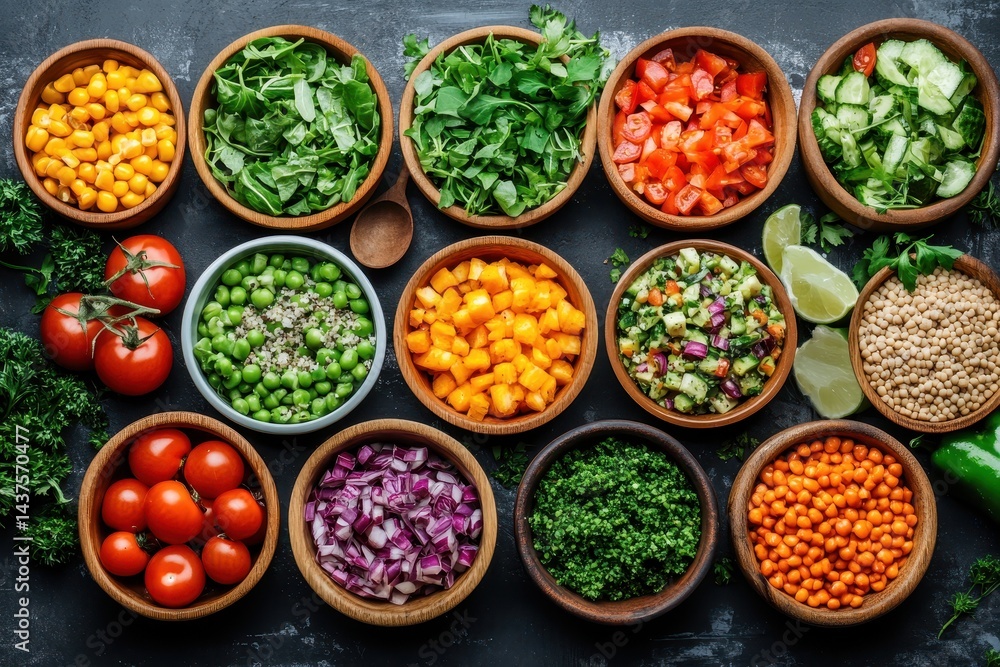 Assortment of fresh vegetables and legumes arranged in wooden bowls on a dark background. It can represent healthy food, vegetarian diet, vegan nutrition, or cooking ingredients. Assortment of fresh vegetables and legumes arranged in wooden bowls on a dark background. It can represent healthy food, vegetarian diet, vegan nutrition, or cooking ingredients.