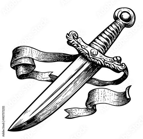 Vintage Engraving of a Dagger with Flowing Ribbon Design