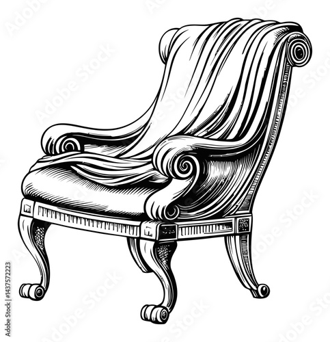 Vintage Engraving of an Elegant Upholstered Armchair Design