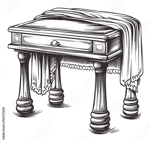 Vintage Wooden Table with Draped Cloth and Detailed Leg Design