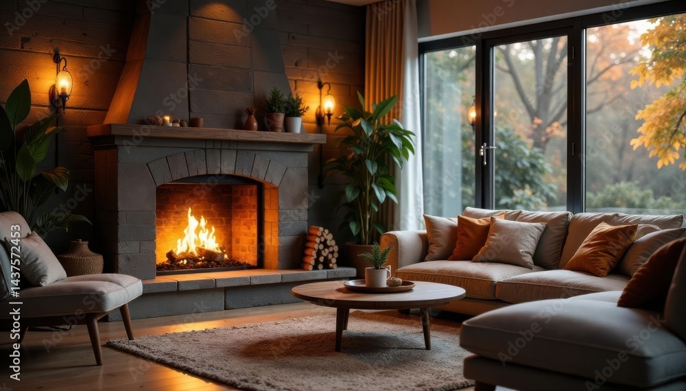 Fototapeta premium Cozy living room fireplace with warm fire burning, design, pattern, romantic