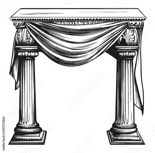 Classic Engraving of Ornate Table with Draped Cloth Design