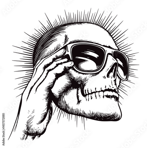 Cool Skull Illustration with Sunglasses and Radiant Background Design