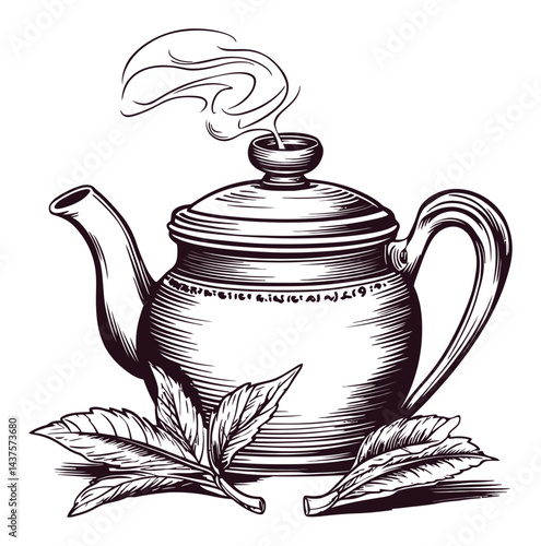Detailed Engraving of a Vintage Teapot with Steaming Heat Design