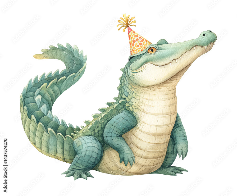Fototapeta premium A cheerful crocodile wearing a party hat, celebrating joyfully. Perfect for playful themes and festive occasions.