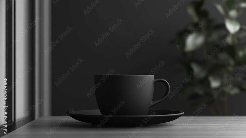 Black Coffee Cup on Dark Wood Table Minimalist Still Life Black Coffee Cup on Dark Wood Table Minimalist Still Life