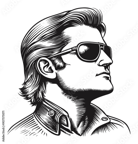 Vintage Engraving of Stylish Man in Sunglasses Profile View