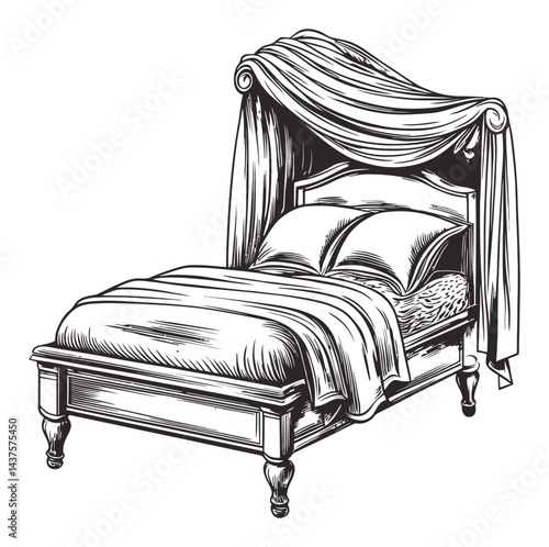 Elegant Vintage Bed Engraving with Draped Canopy and Pillows