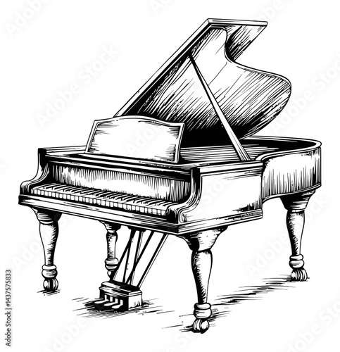 Detailed Engraving of a Classic Grand Piano in Black and White