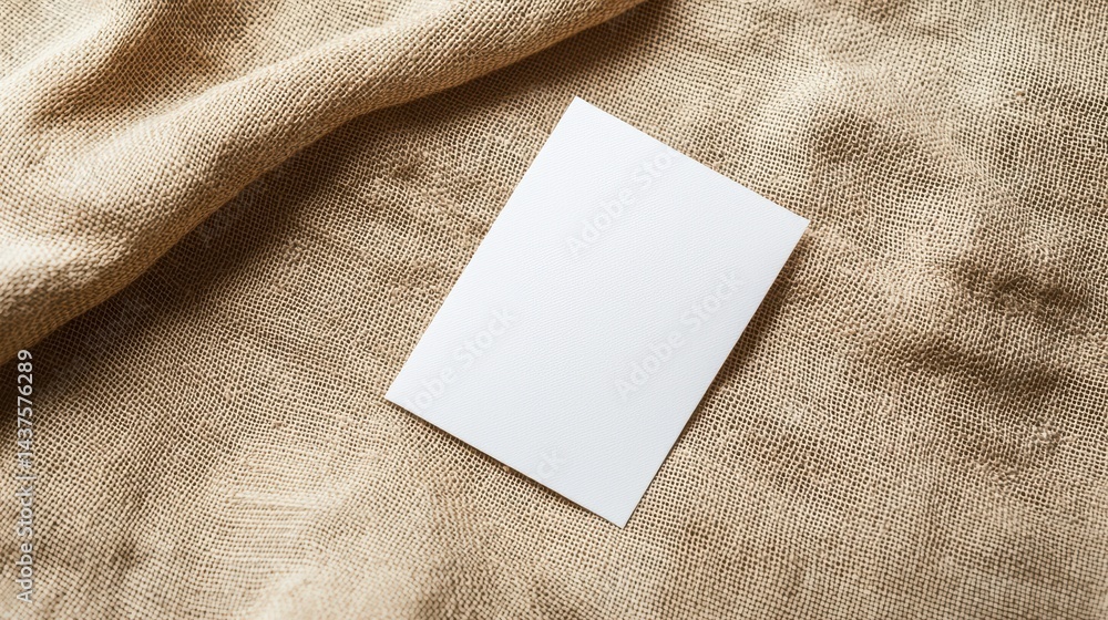 Fototapeta premium A blank white card lies on textured beige fabric, ready for writing or design.