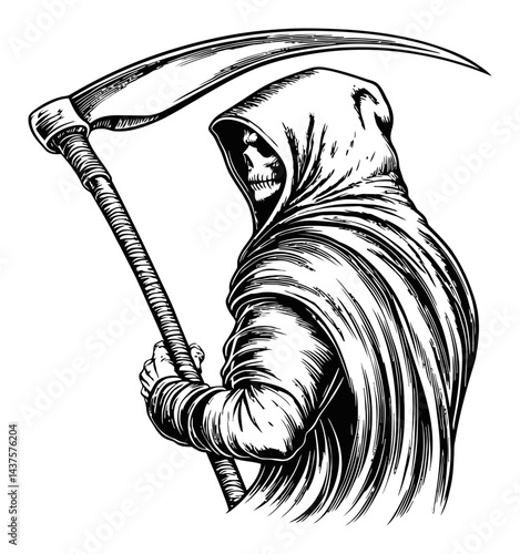 Grim Reaper Engraving in Black and White Style with Scythe Image