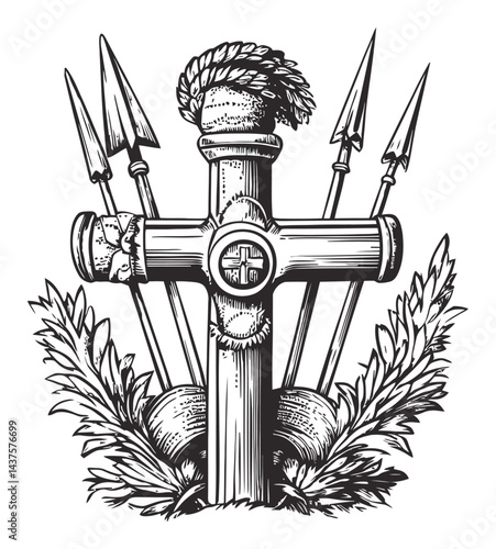 Cross with Spears and Foliage Engraving Illustration Design