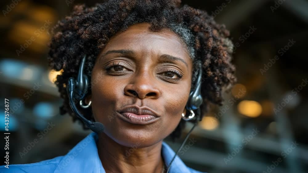 Close-up portrait of a confident, mature woman wearing a headset in a call center environment providing customer service. Close-up portrait of a confident, mature woman wearing a headset in a call center environment providing customer service.