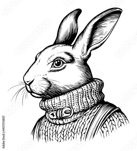 Detailed Engraving of a Rabbit in a Cozy Sweater Design