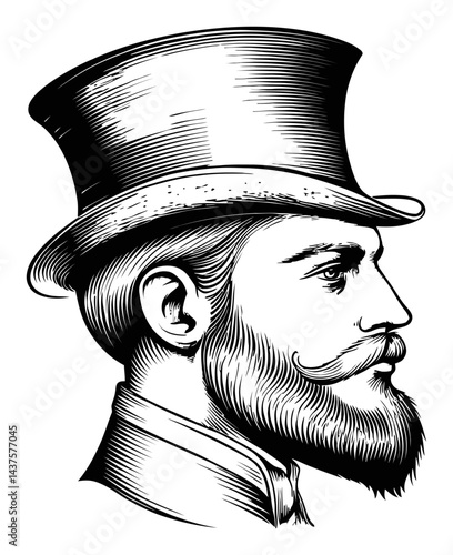 Detailed Engraving of a Vintage Man with Top Hat and Mustache Profile
