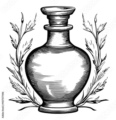 Vintage Engraving of Elegant Vase Surrounded by Decorative Leaves