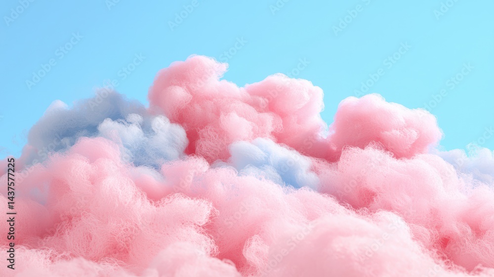 Fototapeta premium Fluffy pink and blue cotton candy clouds against a clear blue sky, evoking a dreamy and whimsical atmosphere.
