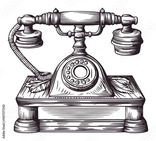 Vintage Engraving of Classic Telephone Design with Detailed Features
