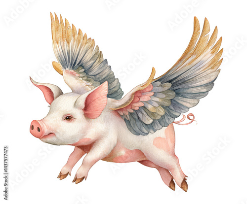 A whimsical illustration of a flying pig with magnificent wings, capturing the essence of imagination and fantasy in a vibrant and playful design.