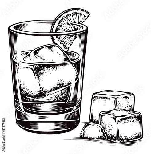 Detailed Engraving of a Refreshing Cocktail with Ice Cubes and Lime