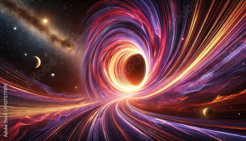 A stunning space-themed digital artwork of a wormhole in deep space, styled as a swirling vortex of light and energy
