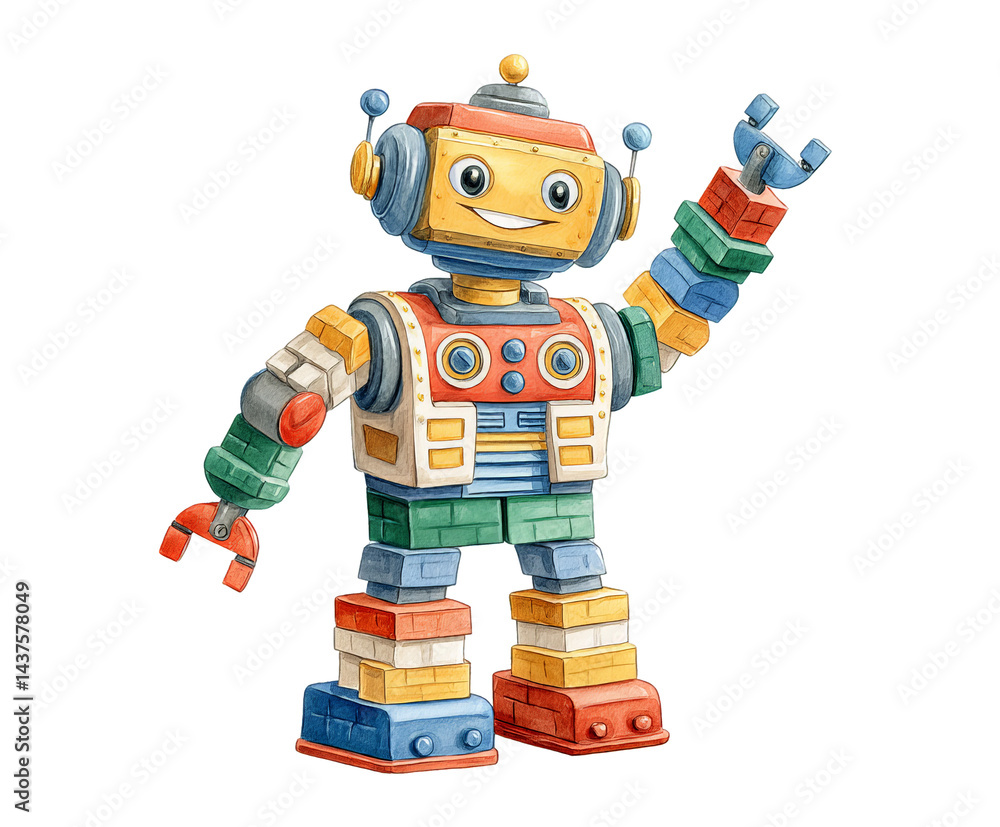 Fototapeta premium A colorful, whimsical robot toy designed for kids, showcasing creativity and playfulness, perfect for educational materials and children's products.