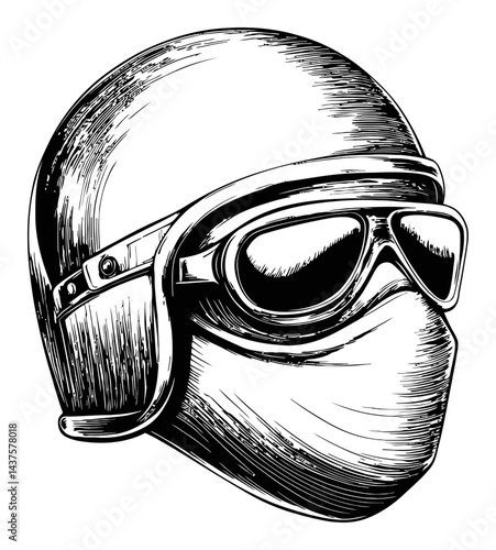 Detailed Vintage Helmet and Goggles Engraving Illustration