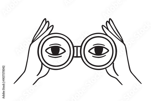 Hands hold binoculars and look through. outline web surfing or search engine concept, research. Doodle vector crayon charcoal ink element