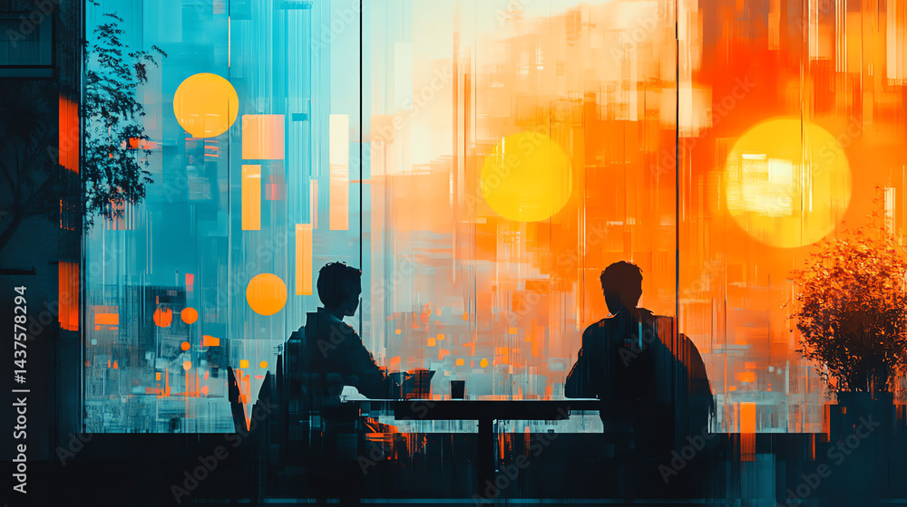 © artpoizzy - Create a warm, inviting chat window background with cheerful orange and light blue tones. Perfect for messaging apps, social media, or websites. Friendly, vibrant, and stylish