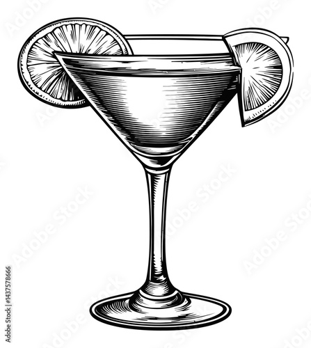 Hand-Drawn Engraving of Vintage Cocktail Glass with Citrus Slices